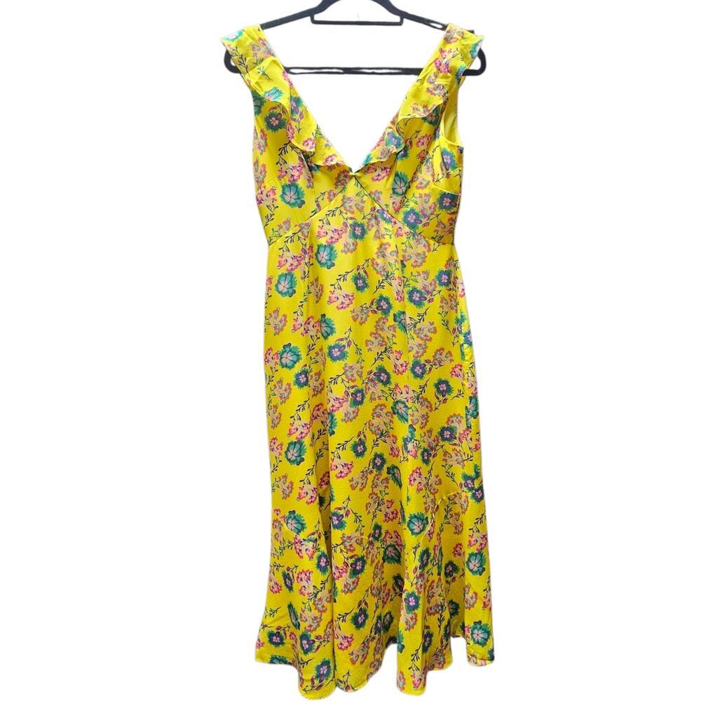 SALONI Holly Dress 6 Yellow Silk Floral Midi Sleeveless Ruffle V Neck $595 MSRP